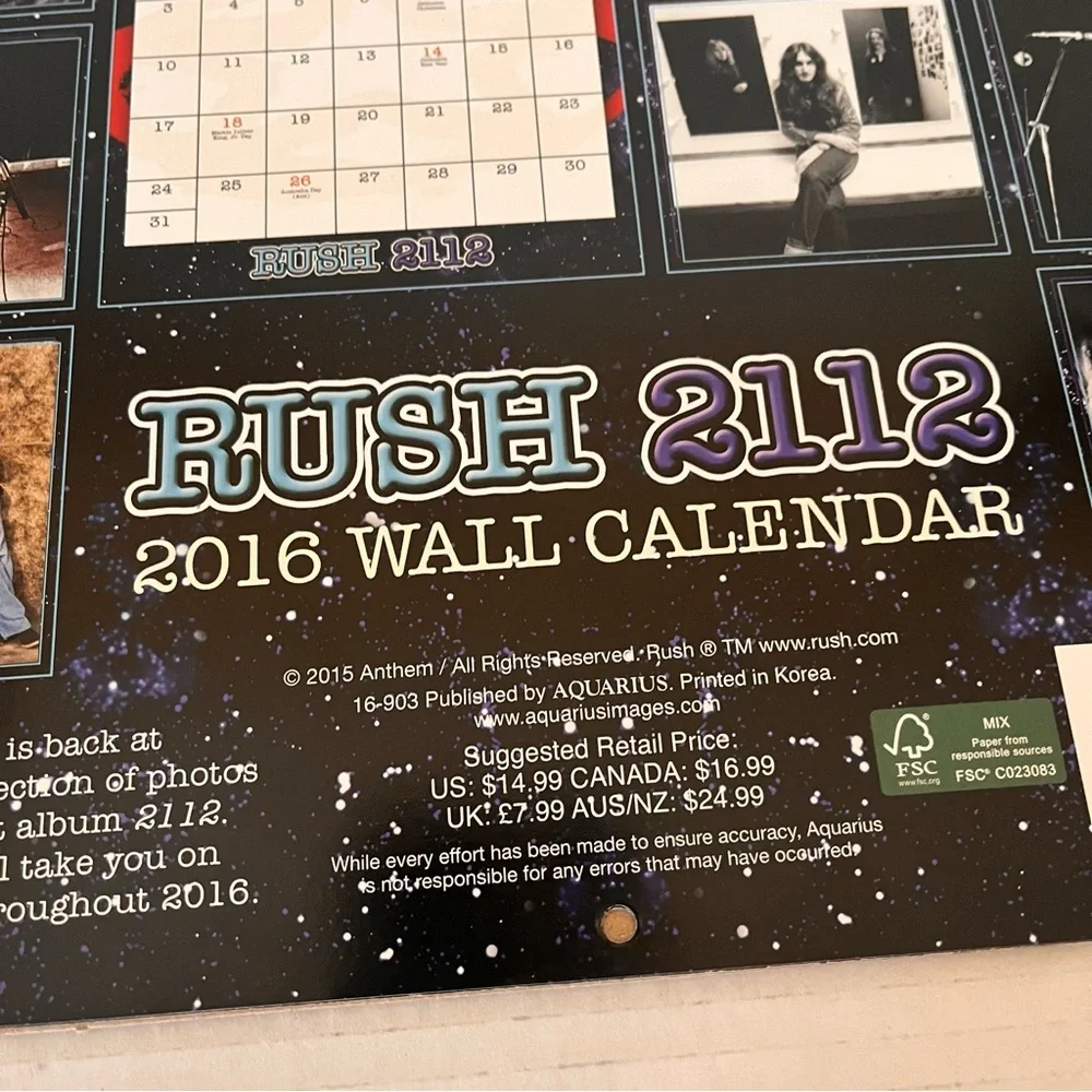 RUSH 2112 Official 2016 Wall Calendar Iconic Trio Tour Throughout 2016 Preowned